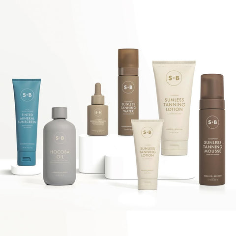 Collection of S+B skincare and cosmetic products on a white background