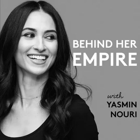 Logo for Behind Her Empire Podcast in black and white featuring Yasmin Nouri smiling