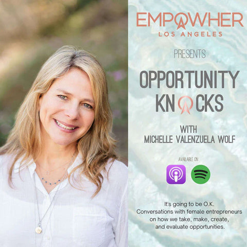 Thumbnail for the Opportunity Knocks podcast featuring a smiling woman named Michelle Valenzuela Wolf and indicating the podcast is available on Apple and Spotify