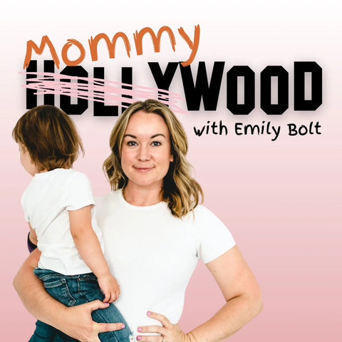 Logo for Mommywood podcast with Emily Bolt, featuring Emily holding her boy in her arm