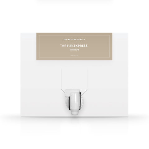 A white box with a dispenser faucet for Elixir Two tanning solution