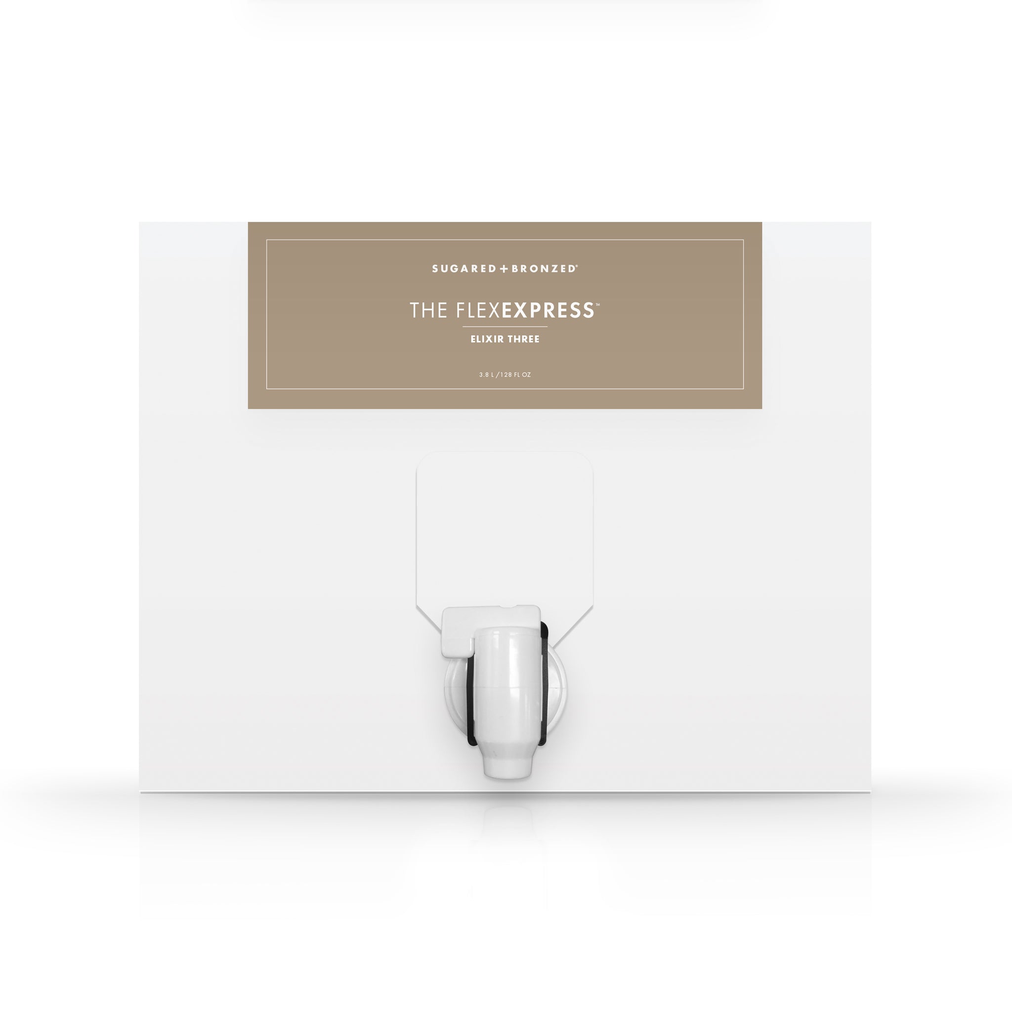 A white box with a dispenser faucet for Elixir Three tanning solution