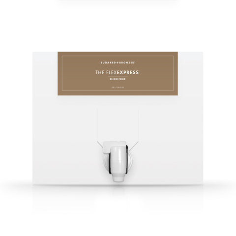 A white box with a dispenser faucet for Elixir Four tanning solution